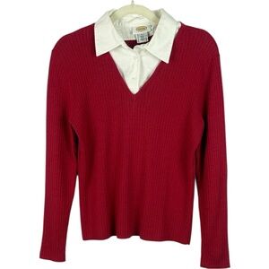 Talbots Wool Cotton Blend Red Ribbed V-Neck Sweater with White Attached Collar
